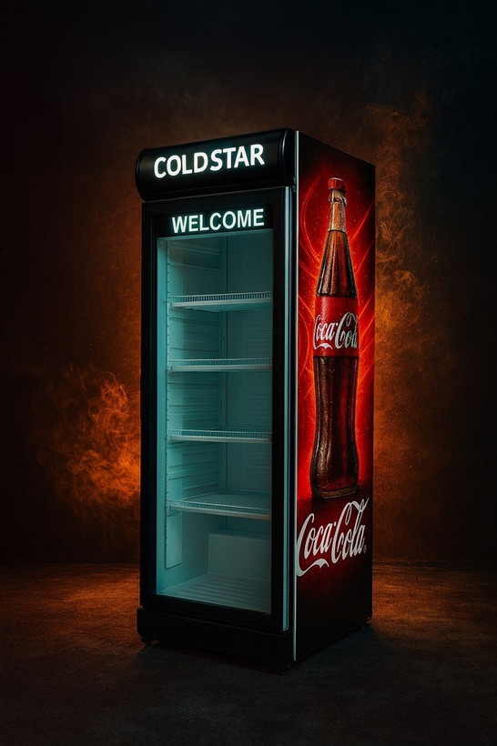 یخچال ویترینی ایستاده عرض 70 سانت تک درب طرح کوکاکولا شیشه ای cocacola